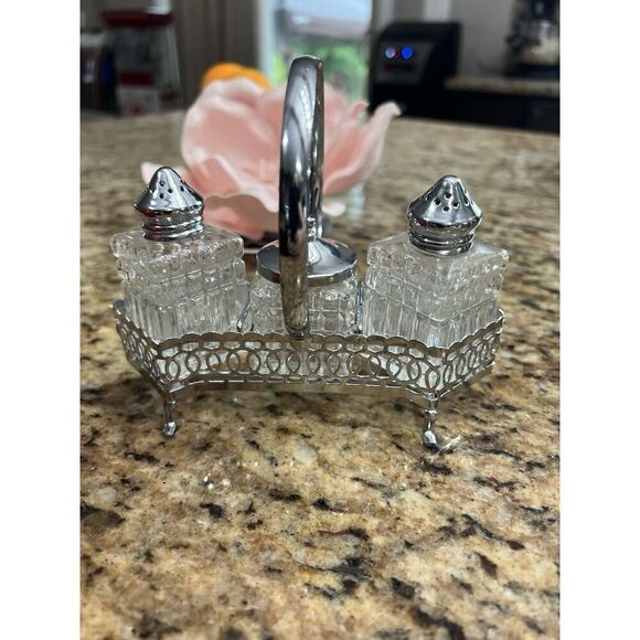 Vintage Salt & Pepper Shakers Mustard Caddy Cruet 4 Pc Silver Glass Elegant - Picture 5 of 15